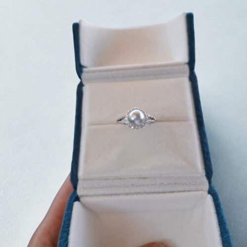 Alternative view of Akoya Blue Grey Pearl and Diamond Halo Ring