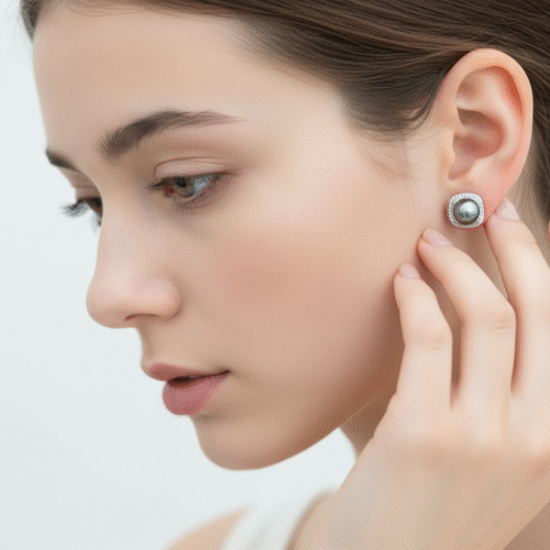 Alternative view of 9-10mm Tahitian South Sea Silver Round AAAA Pearl Stud Earrings