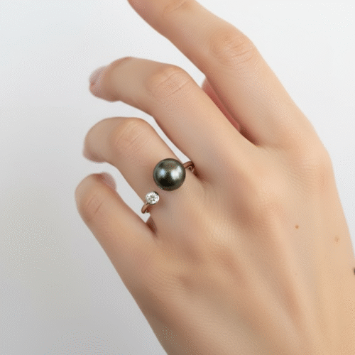 Alternative view of 10mm Tahitian South Sea Pearl & Diamond Accent Ring