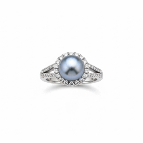 Akoya Blue Grey Pearl and Diamond Halo Ring
