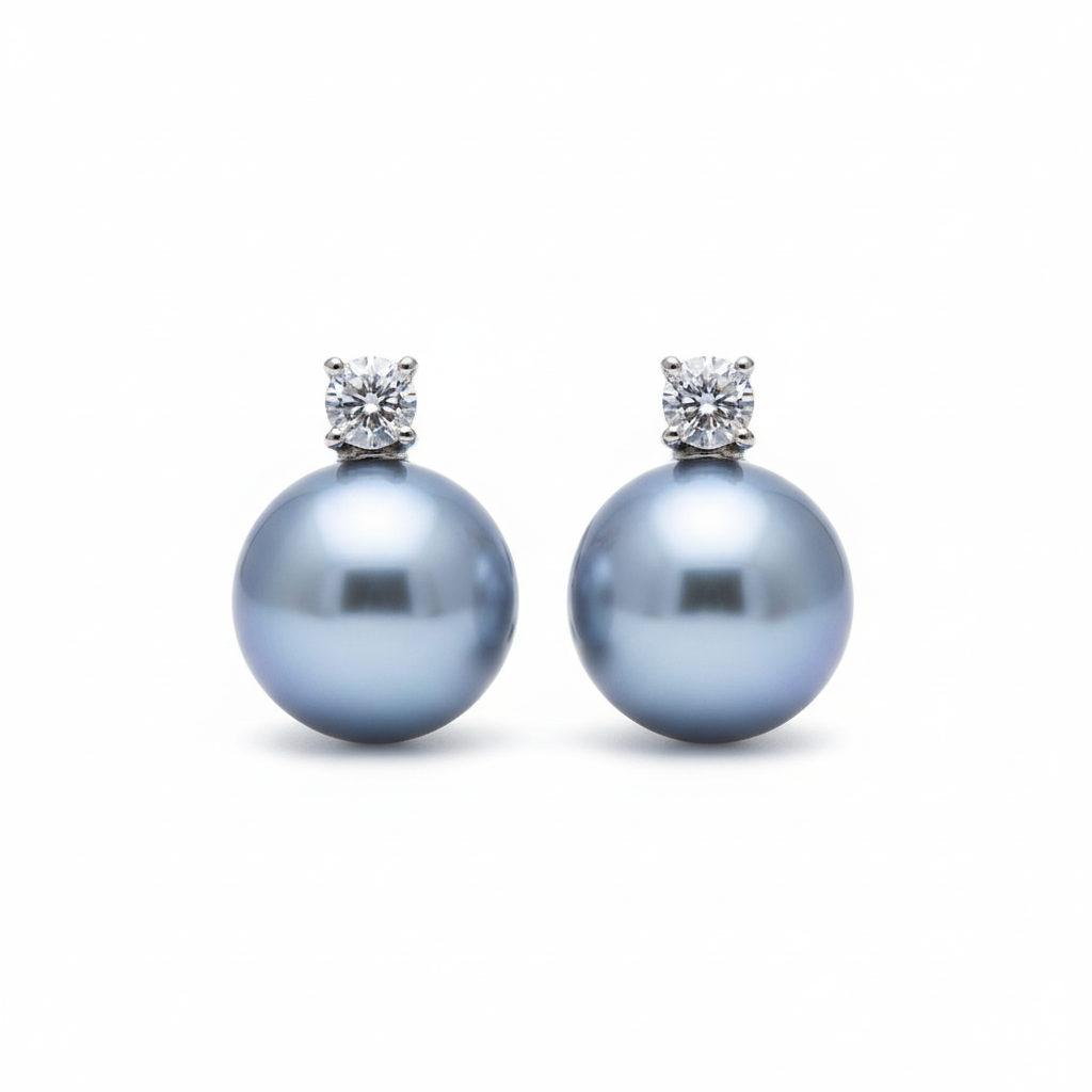 Silver Rare Blue Grey Akoya Pearl Stud Earrings
