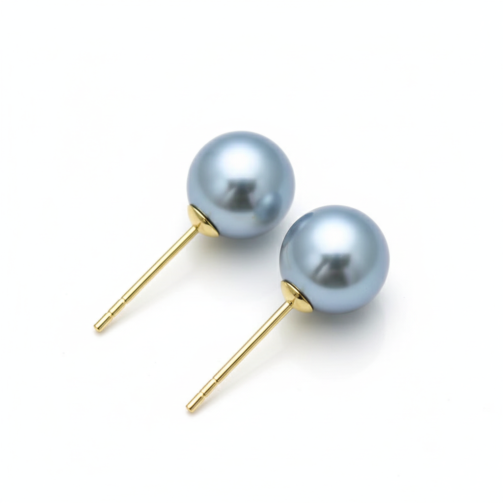 18K Gold Distinctive Blue Grey Akoya Pearl Stud Earrings