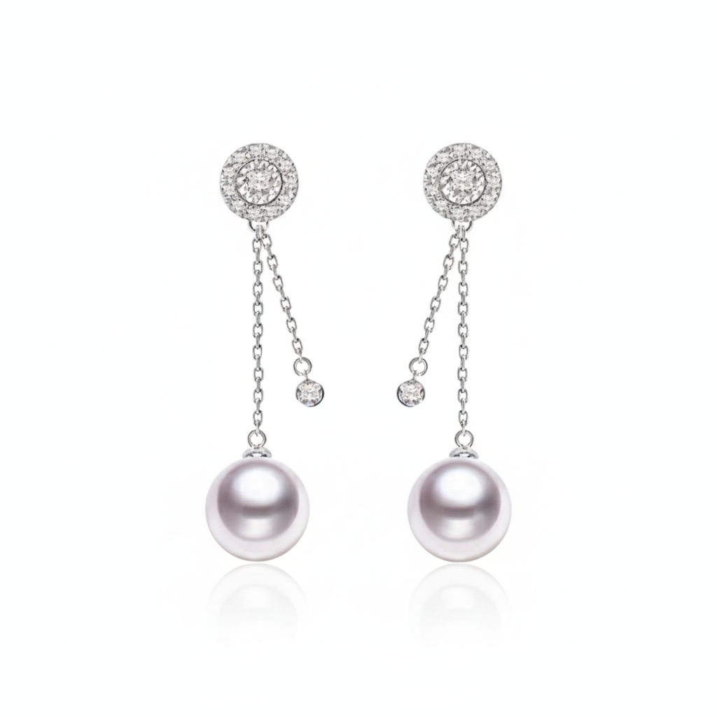 Elegant Chain Drop Japanese Akoya Pearl Earrings
