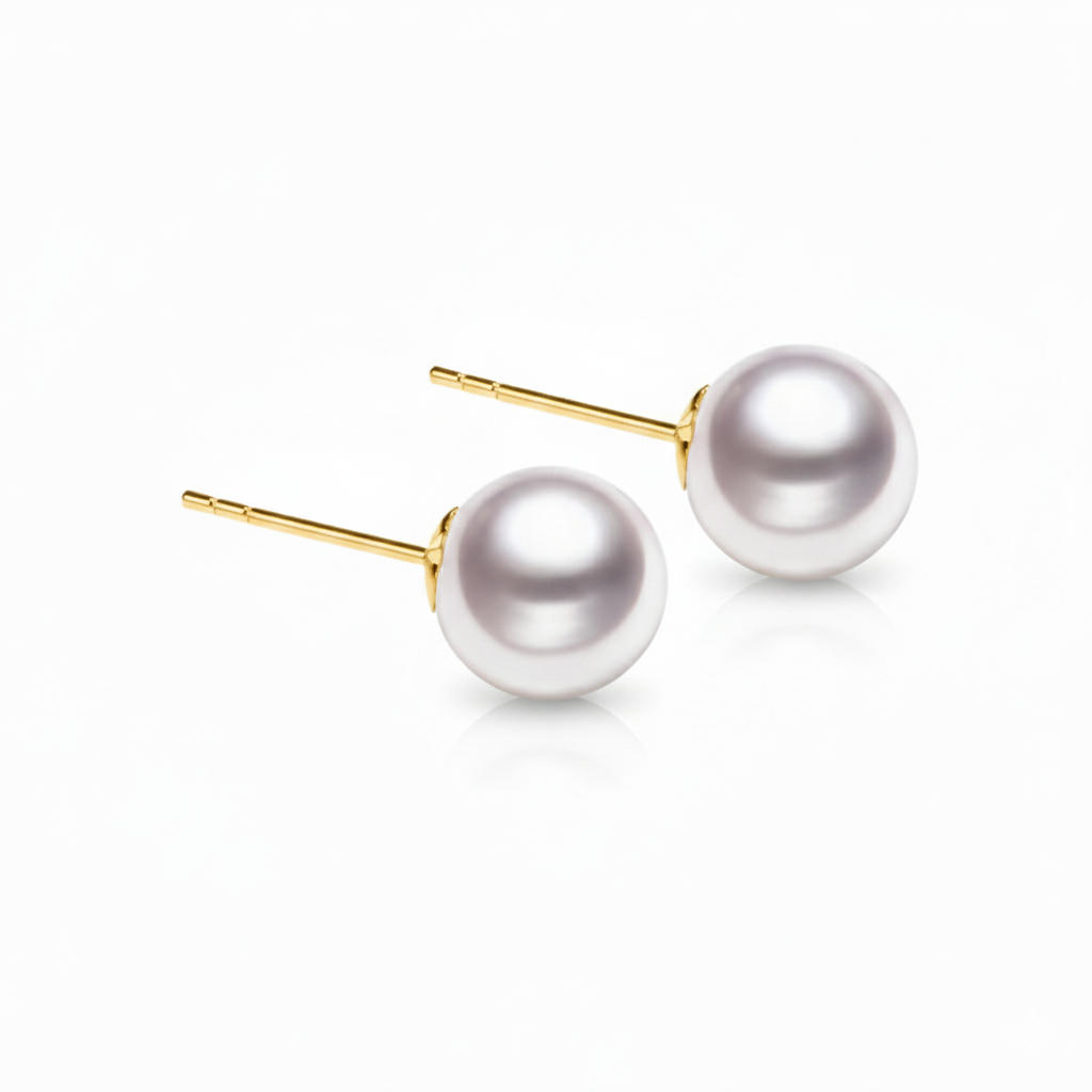 18K Gold 8.0-8.5mm White Akoya Round Pearl Stud Earrings