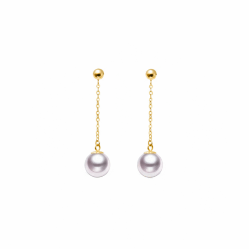 18K Gold 8.0-8.5mm Akoya Round Ball Double Chain Earrings