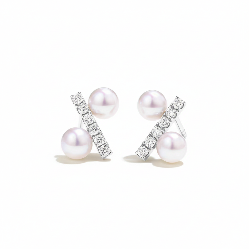 Akoya Pearl & Pavé Diamond Cross-Bar Stud Earrings