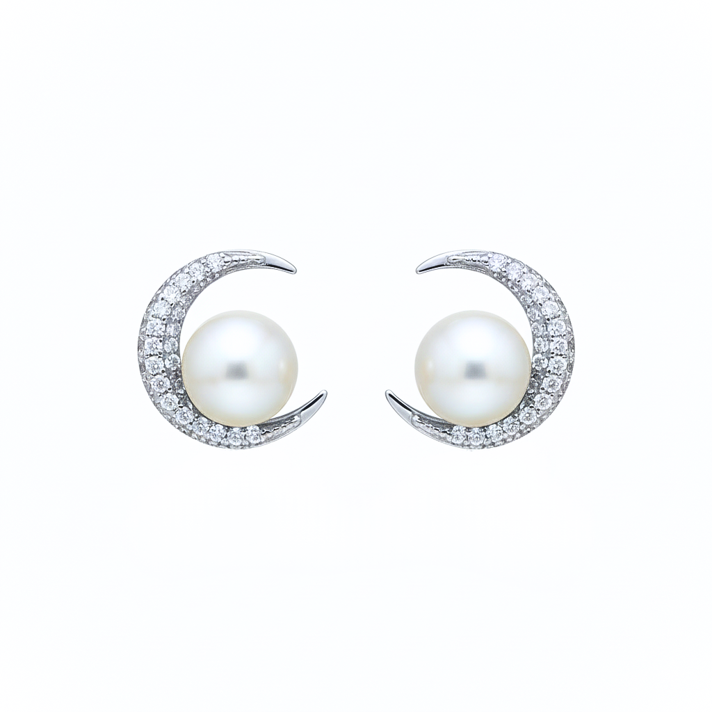 Crescent Moon Japanese Akoya Pearl Stud Earrings