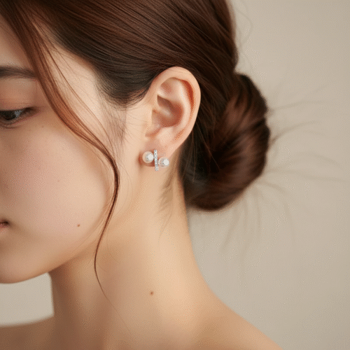 Alternative view of Akoya Pearl & Pavé Diamond Cross-Bar Stud Earrings