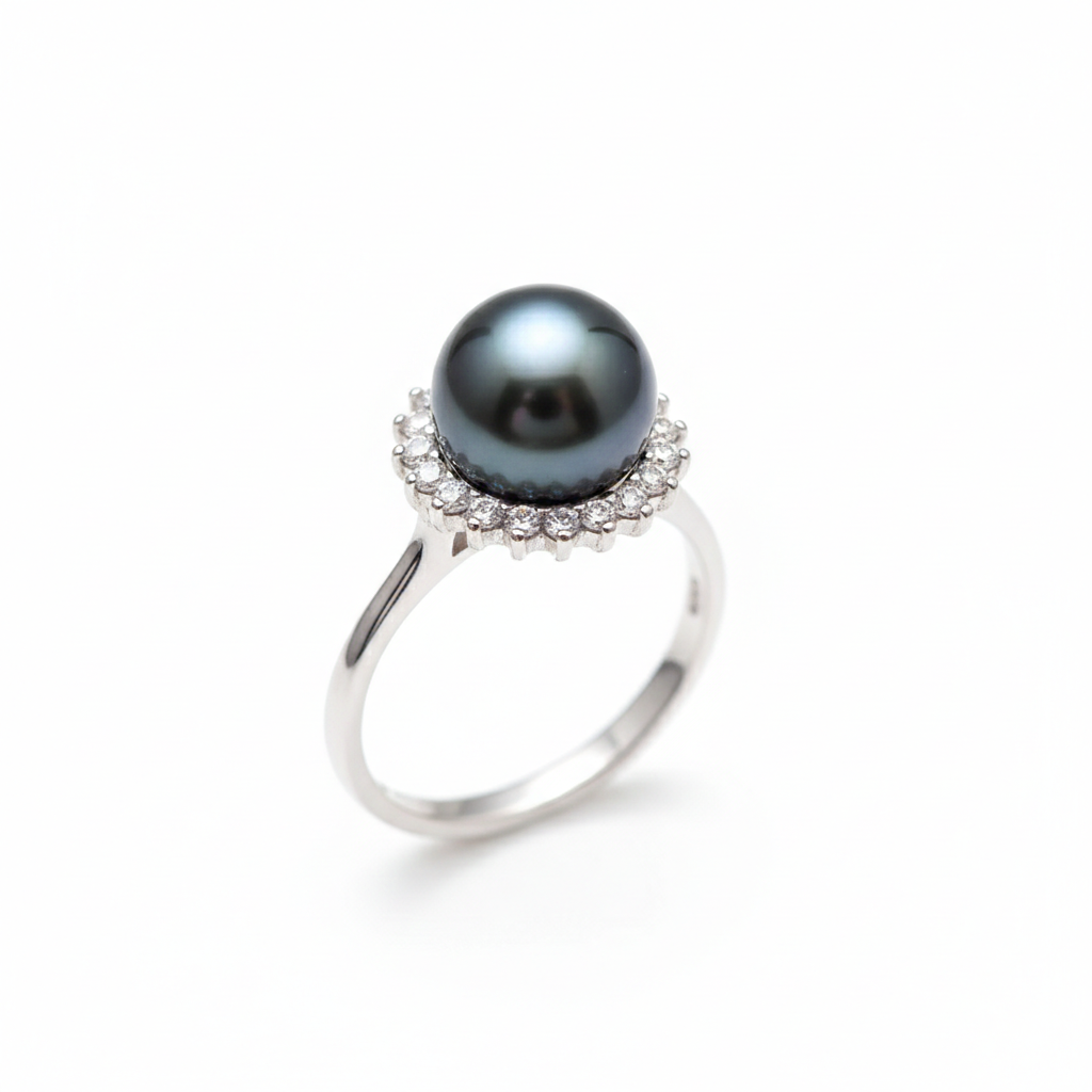 9-10mm Luminous Tahitian South Sea Pearl & Diamond Halo Ring